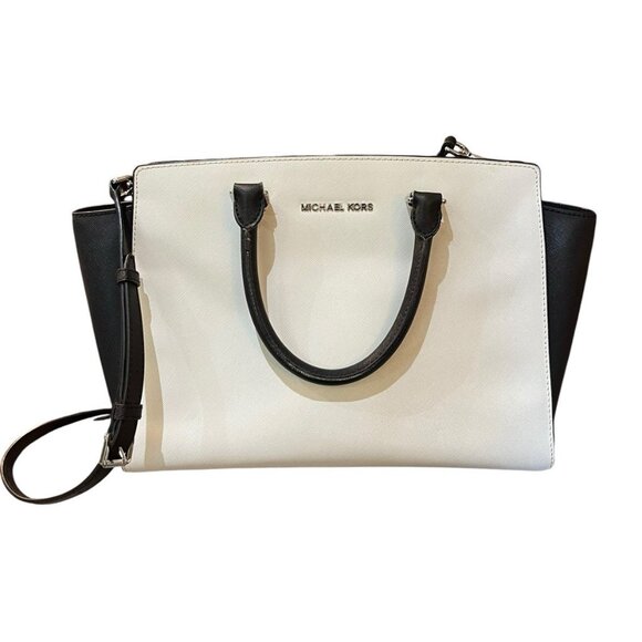 MICHAEL KORS Extra Large White Black Tote Bag Crossbody Saffiano Leather Selma - Picture 1 of 12
